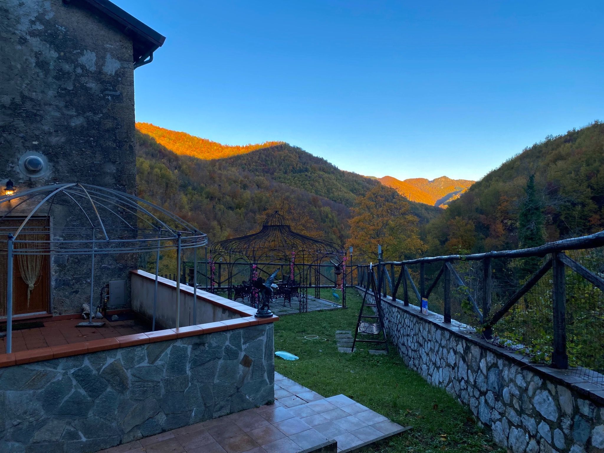 Cava House terrace looking towards the mountains in autumn